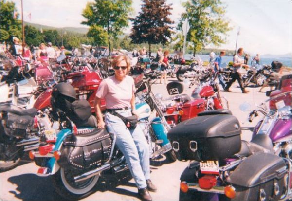 Judy Fiduccia on her Harley Davidson Softail Custom